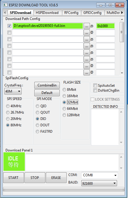 Example configuration of the Espressif Flash Download Tool with correct offset fields